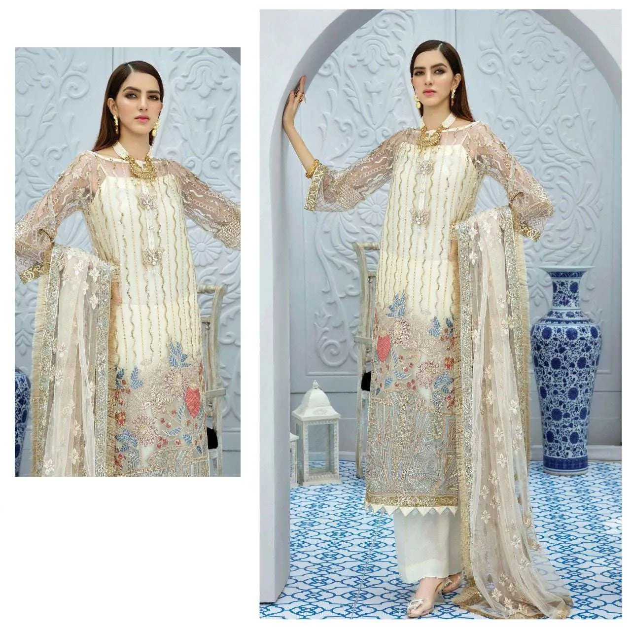 Off White Designer Pakistani Salawar Kameez Suit