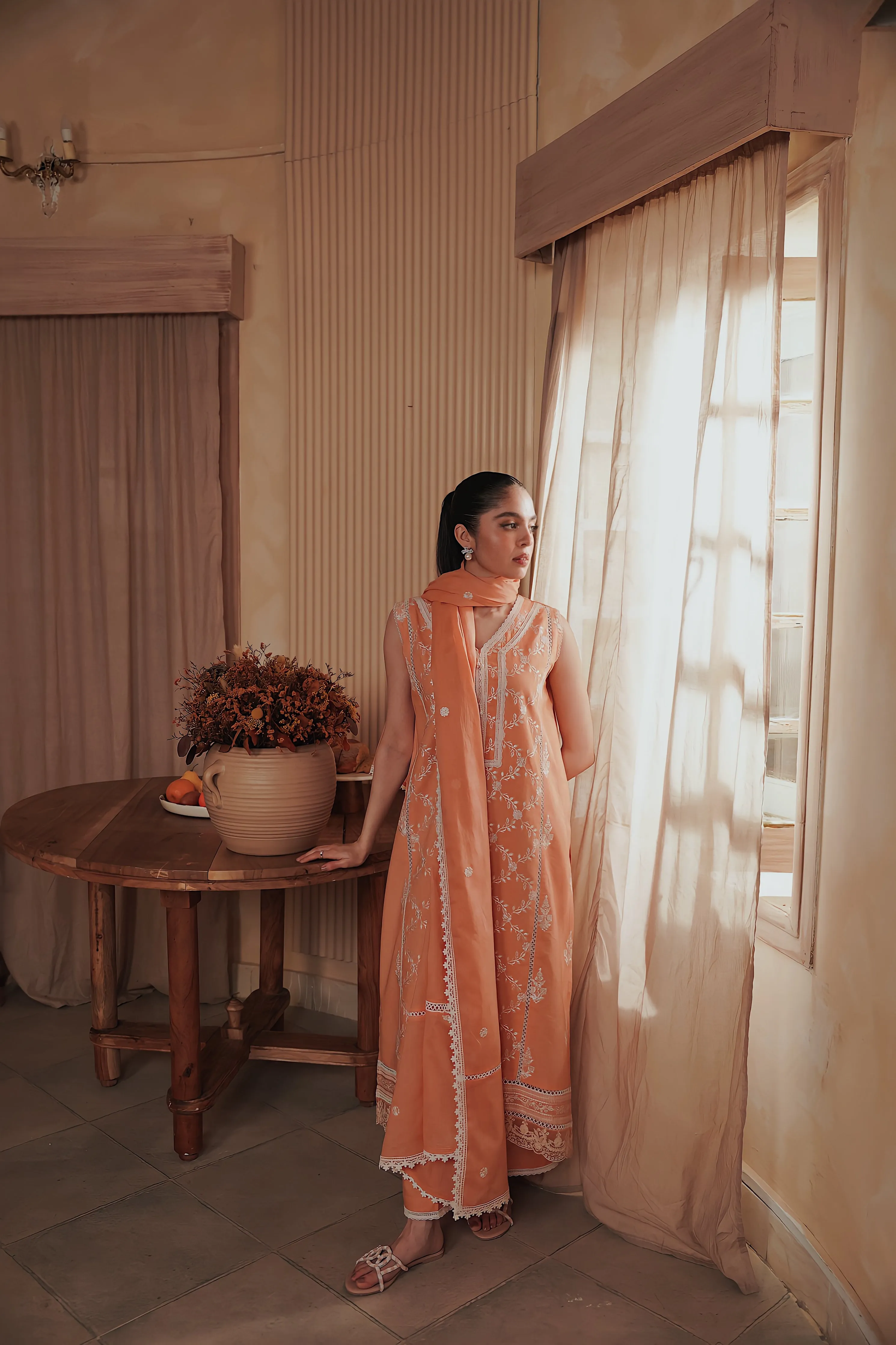 PEACH EMBROIDERED THREE PIECE SET - RAMADAN EDIT