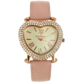 Peugeot Women's Heart Shaped Rose Gold Crystal Watch with Blush Pink Strap