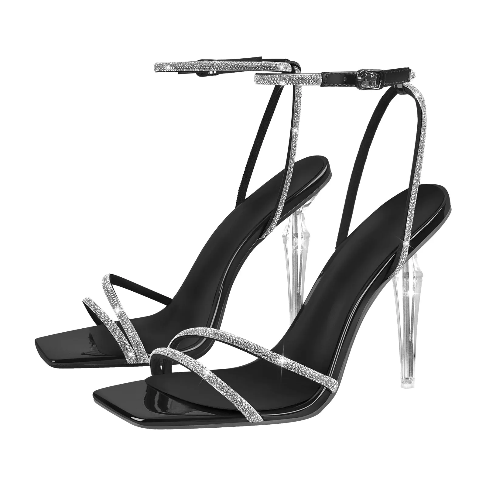 Rhinestone Square Toe Ankle Strap Clear Heel Sandals