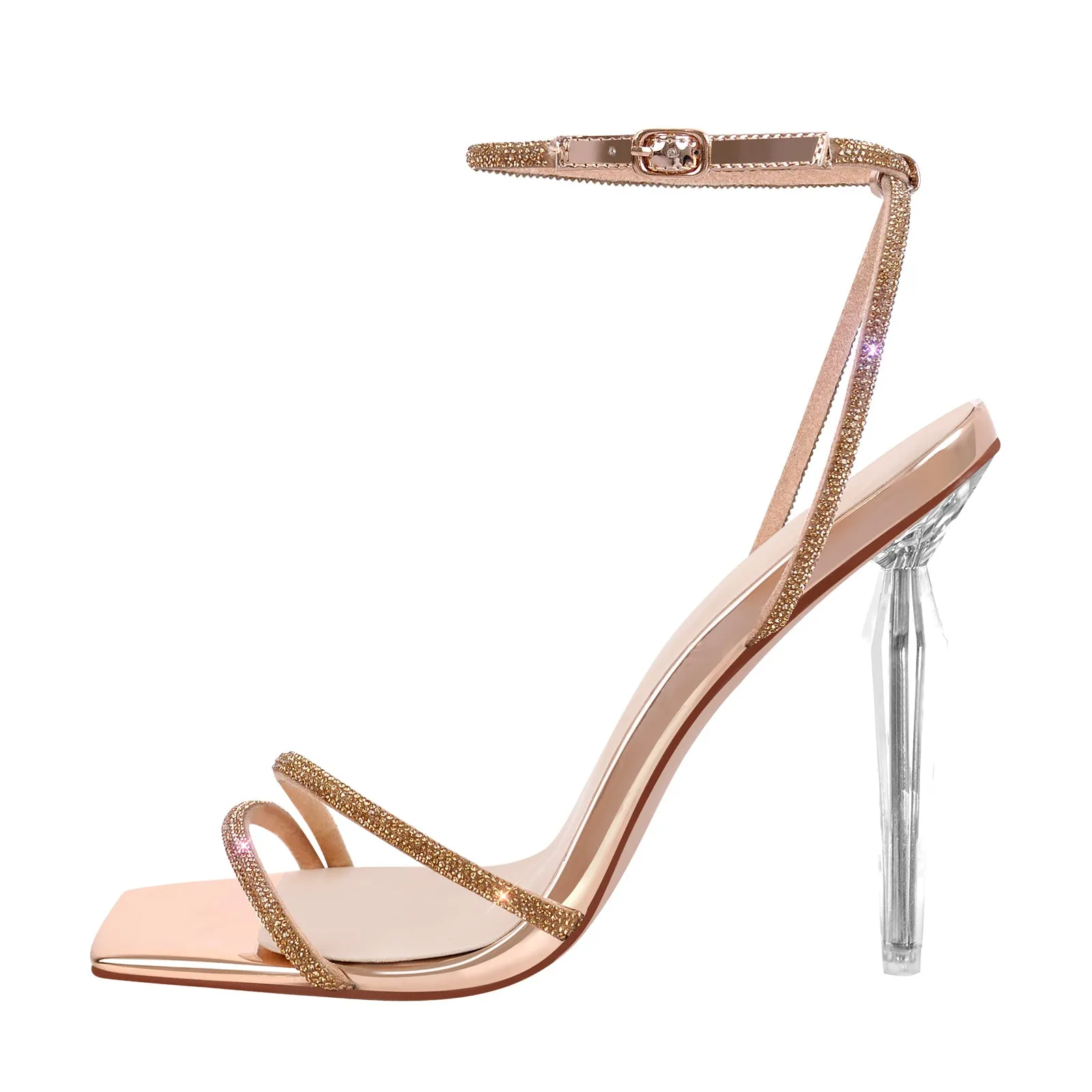 Rhinestone Square Toe Ankle Strap Clear Heel Sandals