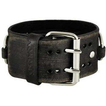 Ring Distressed Black Leather Cuff