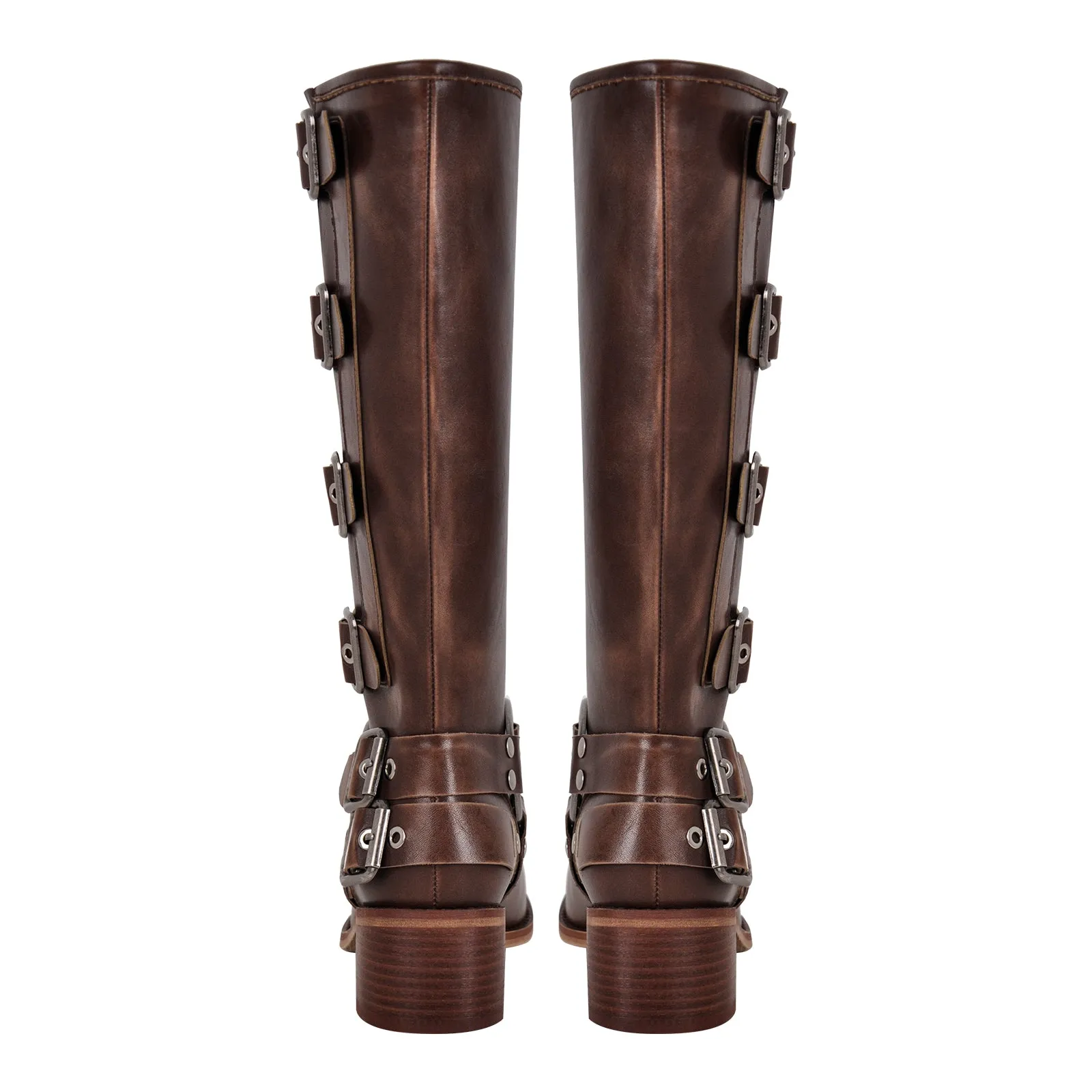 Round Toe Chunky Heel Buckle Strap Western Knee-High Boots