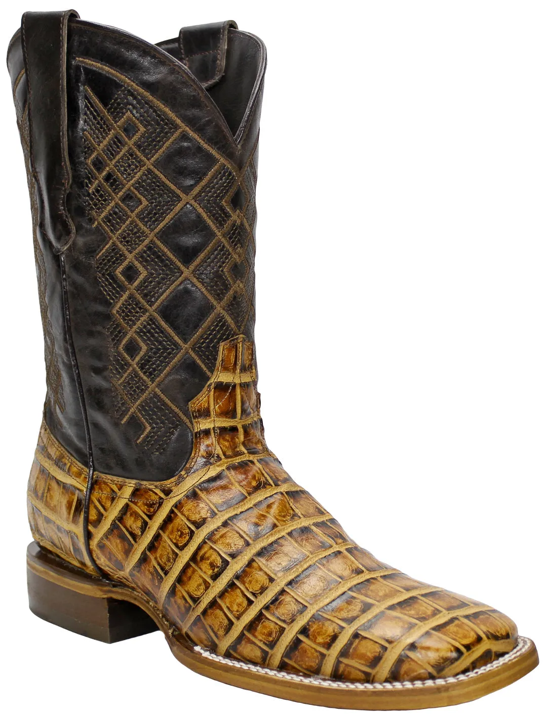 Silverton Crocodile Belly Print Leather Wide Square Toe Boots (Honey)