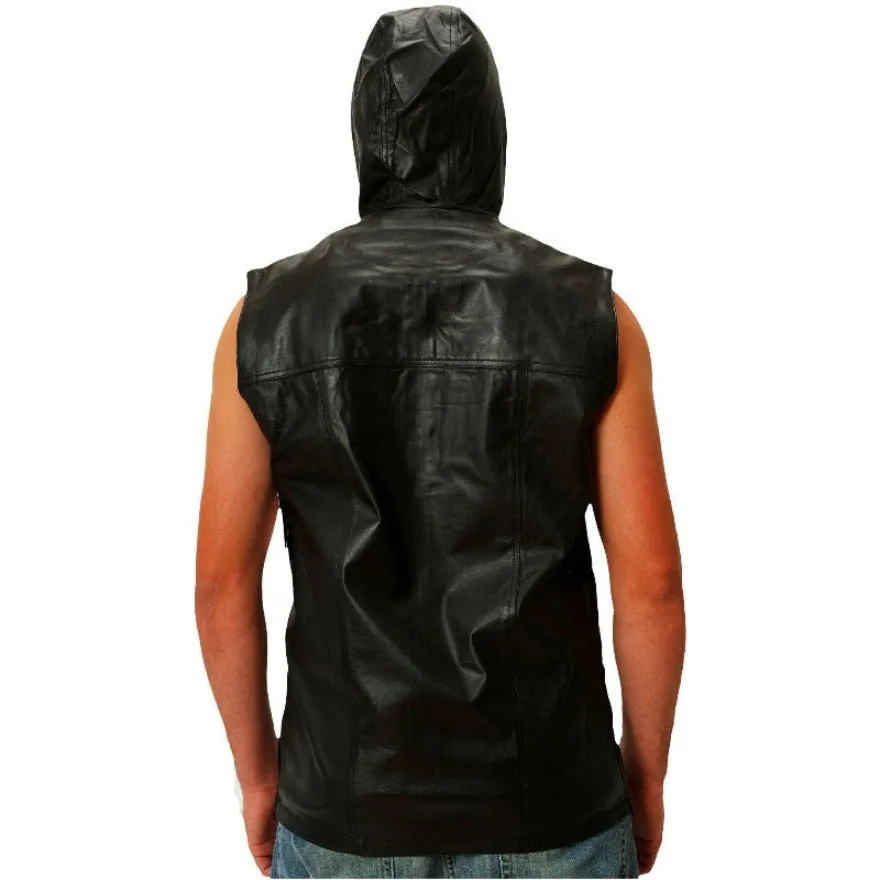 Sleeveless Leather Hoodie | Black Nappa Sheepskin