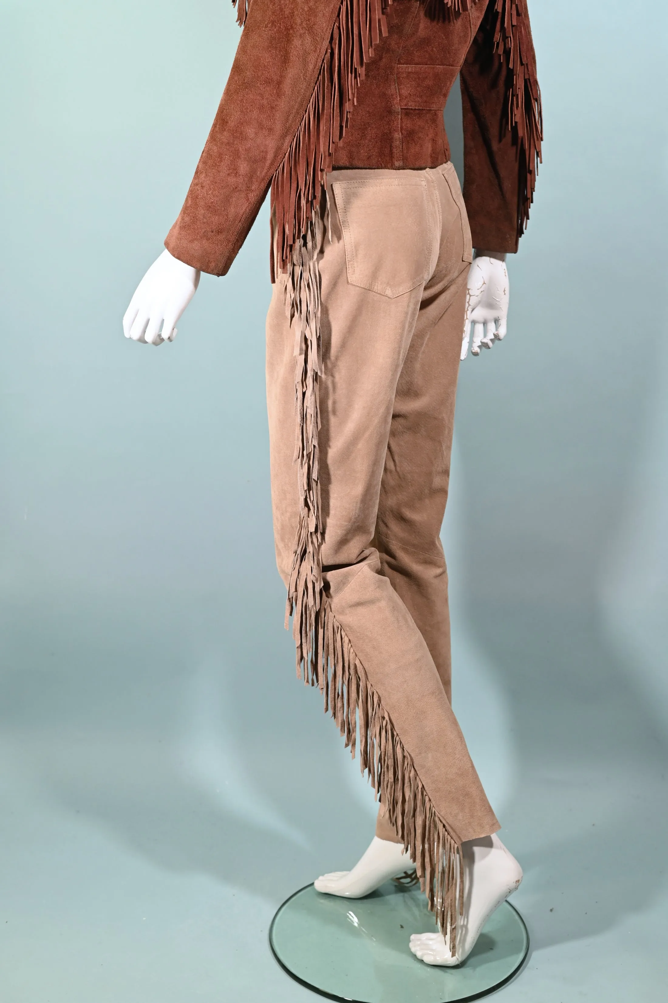 SOLD Vintage Tan Suede Fringe Pants, Hippie Southwestern Jeans XS