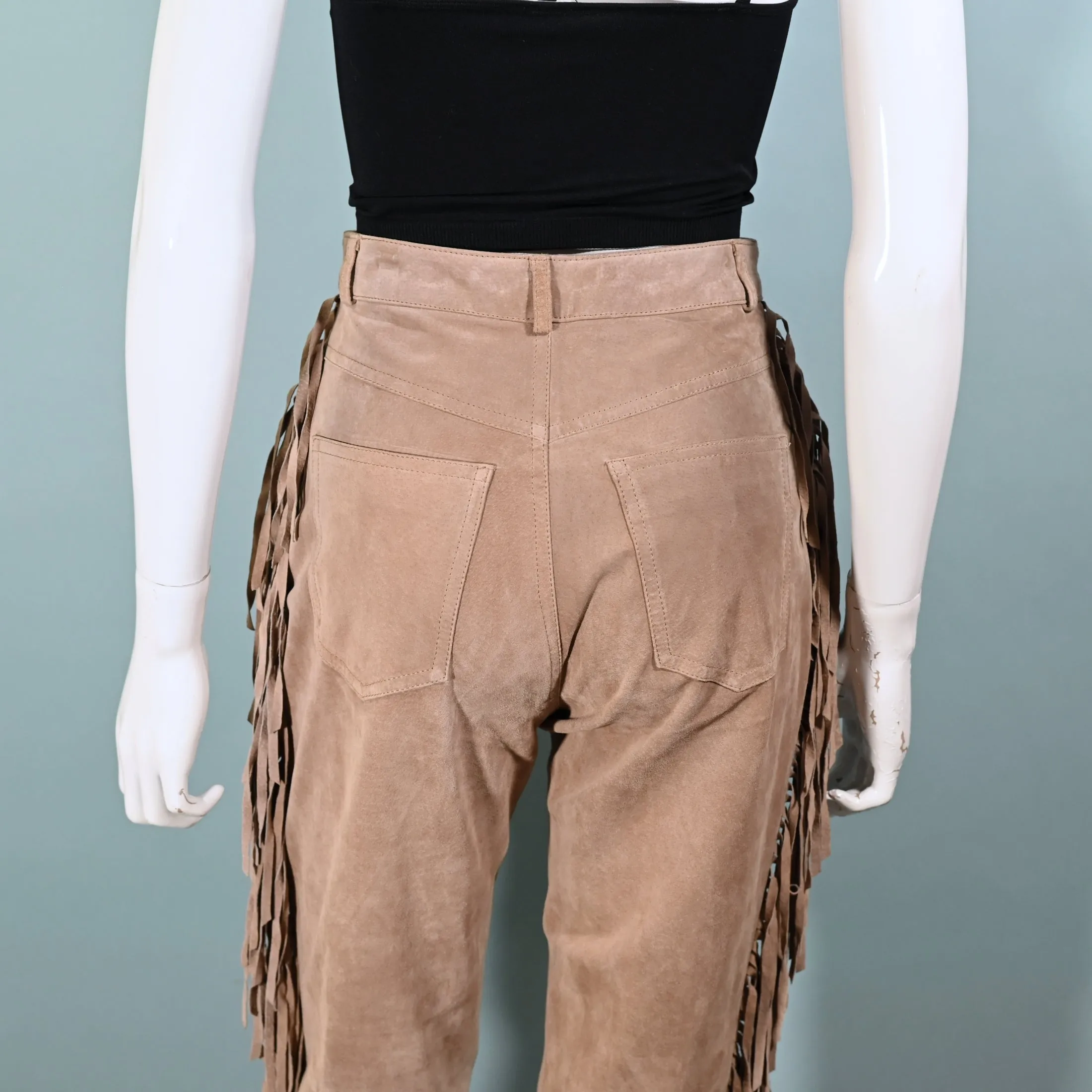 SOLD Vintage Tan Suede Fringe Pants, Hippie Southwestern Jeans XS