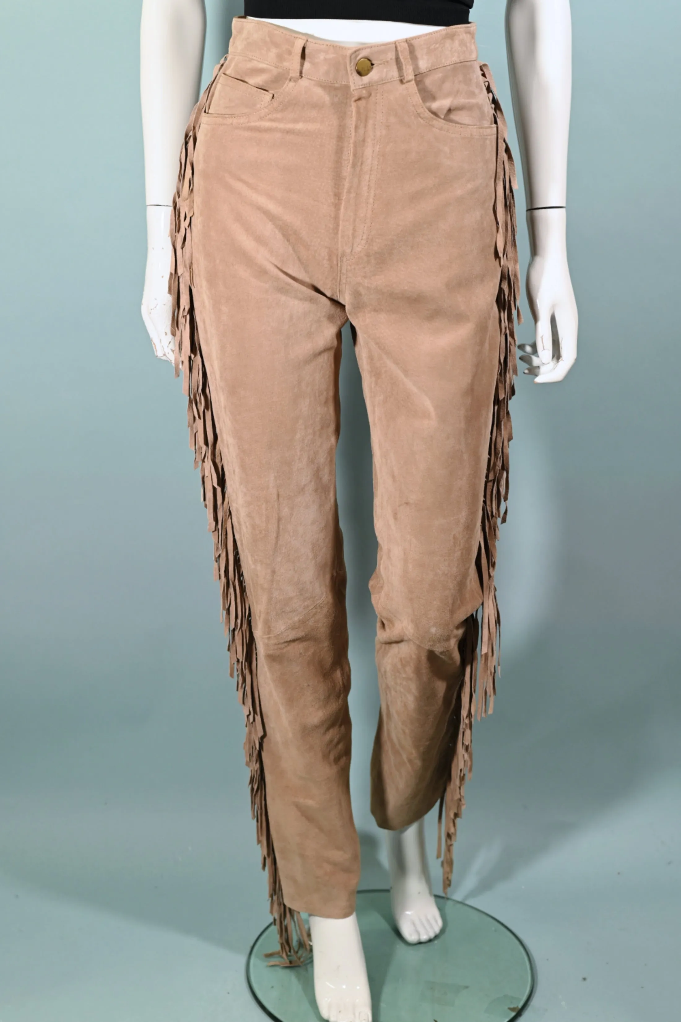 SOLD Vintage Tan Suede Fringe Pants, Hippie Southwestern Jeans XS