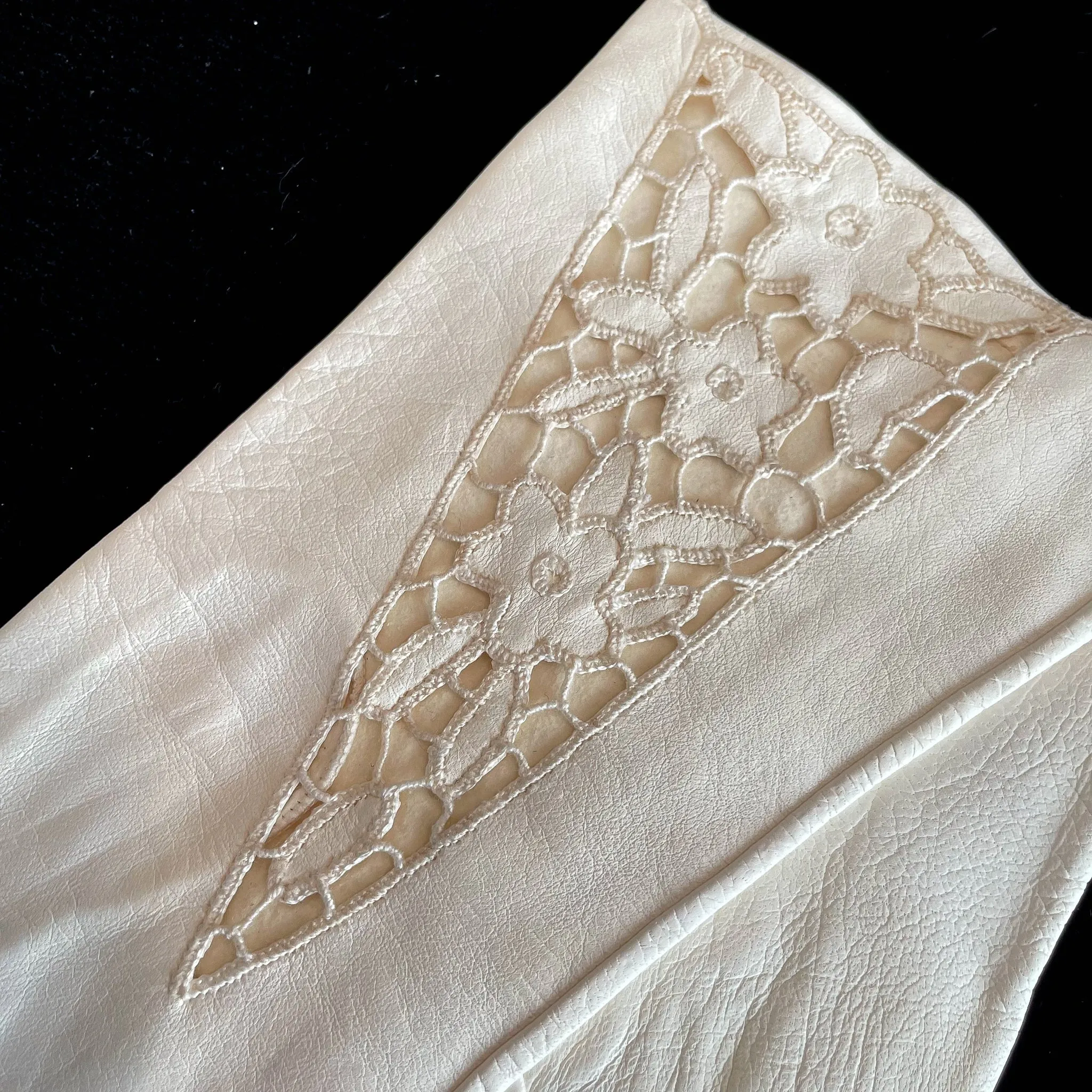 SOLD Vintage White Kid Leather Gloves, Open Work Lace Details, Unworn Deadstock, 11" Long  SZ 8