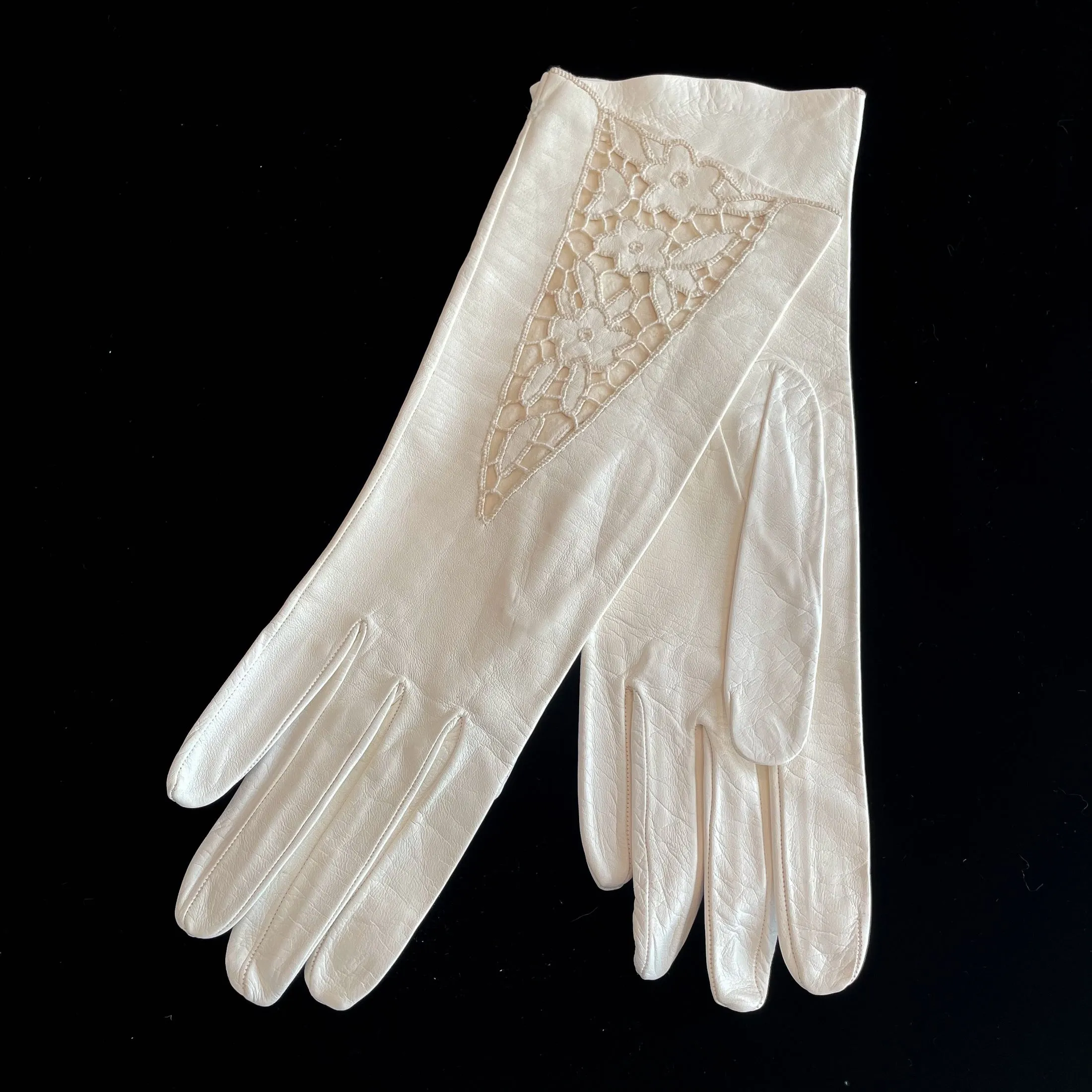 SOLD Vintage White Kid Leather Gloves, Open Work Lace Details, Unworn Deadstock, 11" Long  SZ 8