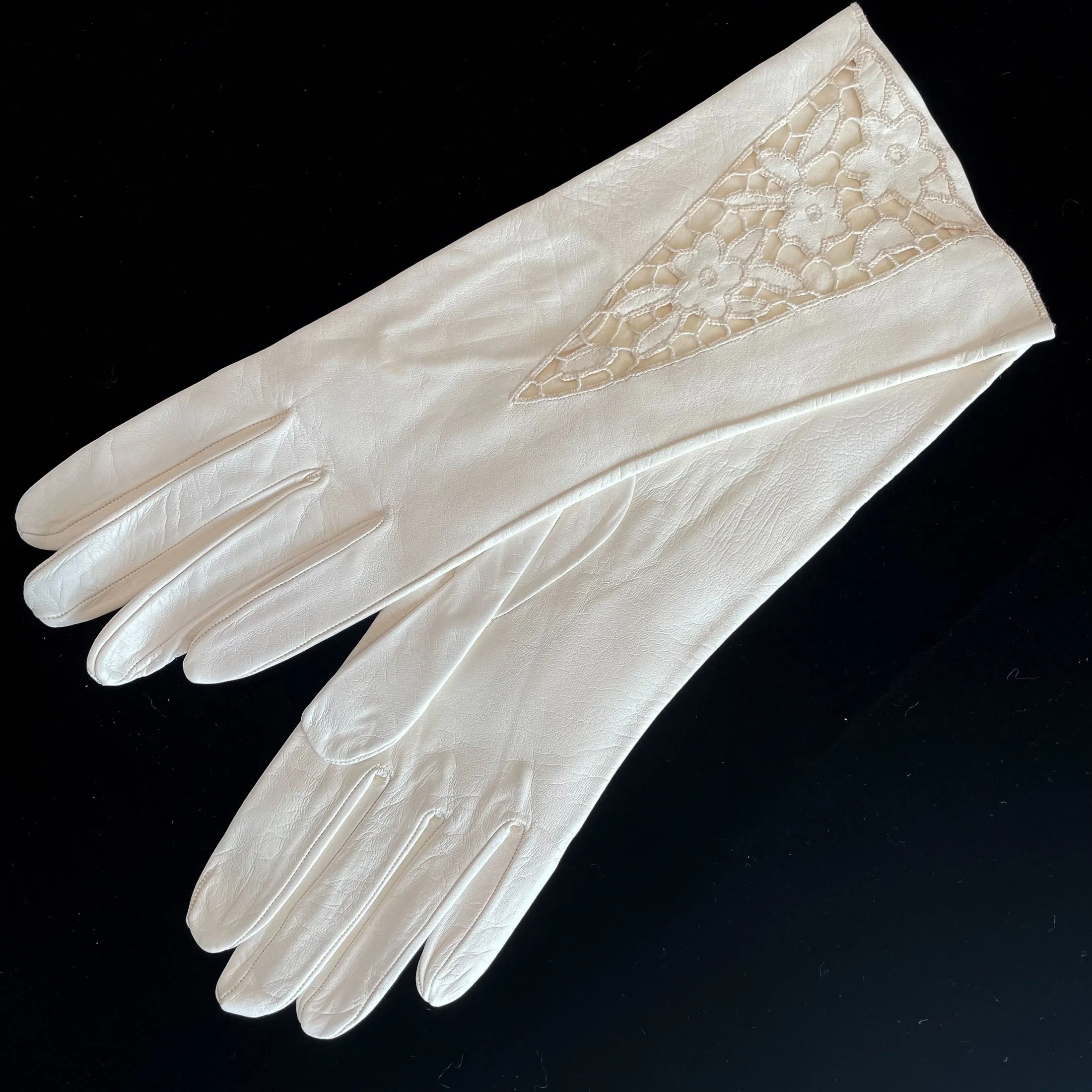 SOLD Vintage White Kid Leather Gloves, Open Work Lace Details, Unworn Deadstock, 11" Long  SZ 8