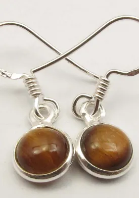 Solid Silver Round Cabochon Drop Tigers Eye Earrings