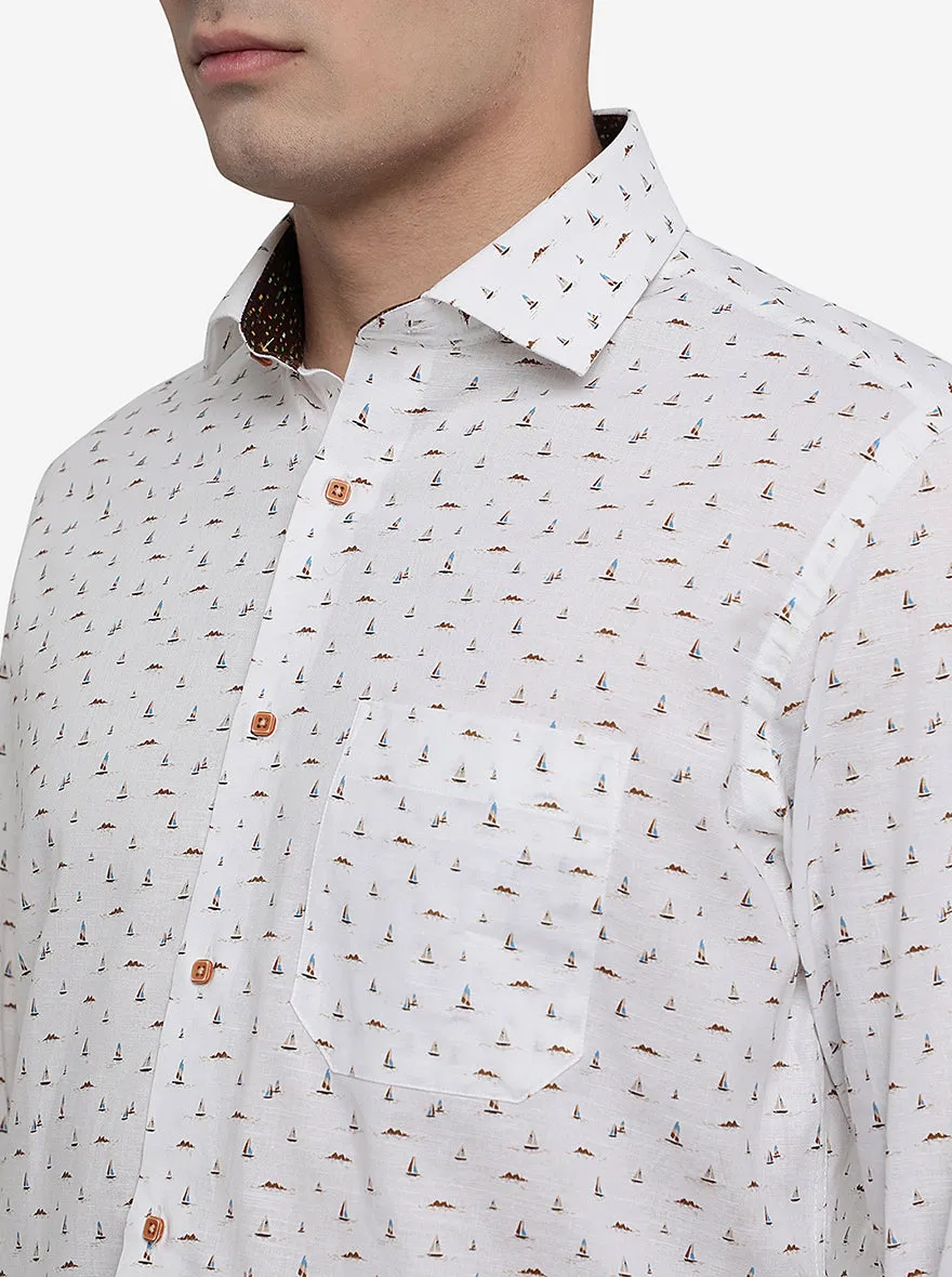 White & Brown Printed Slim Fit Party Wear Shirt | Greenfibre