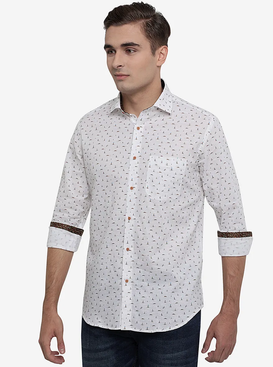 White & Brown Printed Slim Fit Party Wear Shirt | Greenfibre