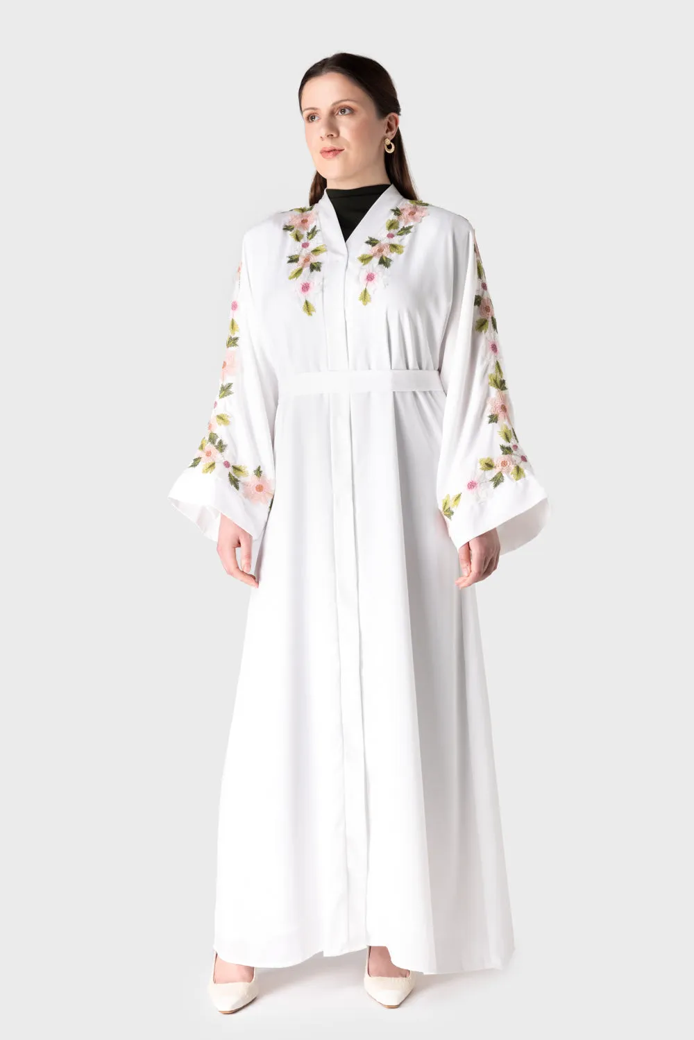 White Floral Abaya