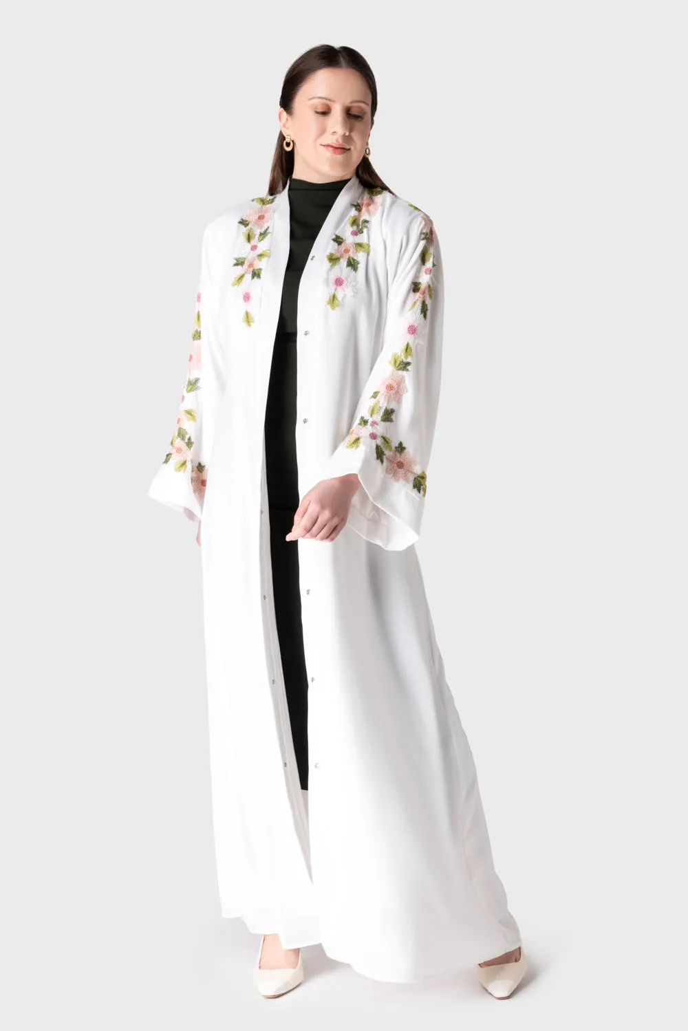 White Floral Abaya