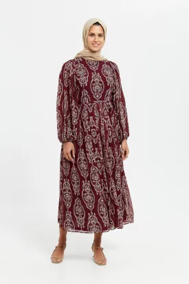 Women Burgundy Printed Pleated Maxi Dress