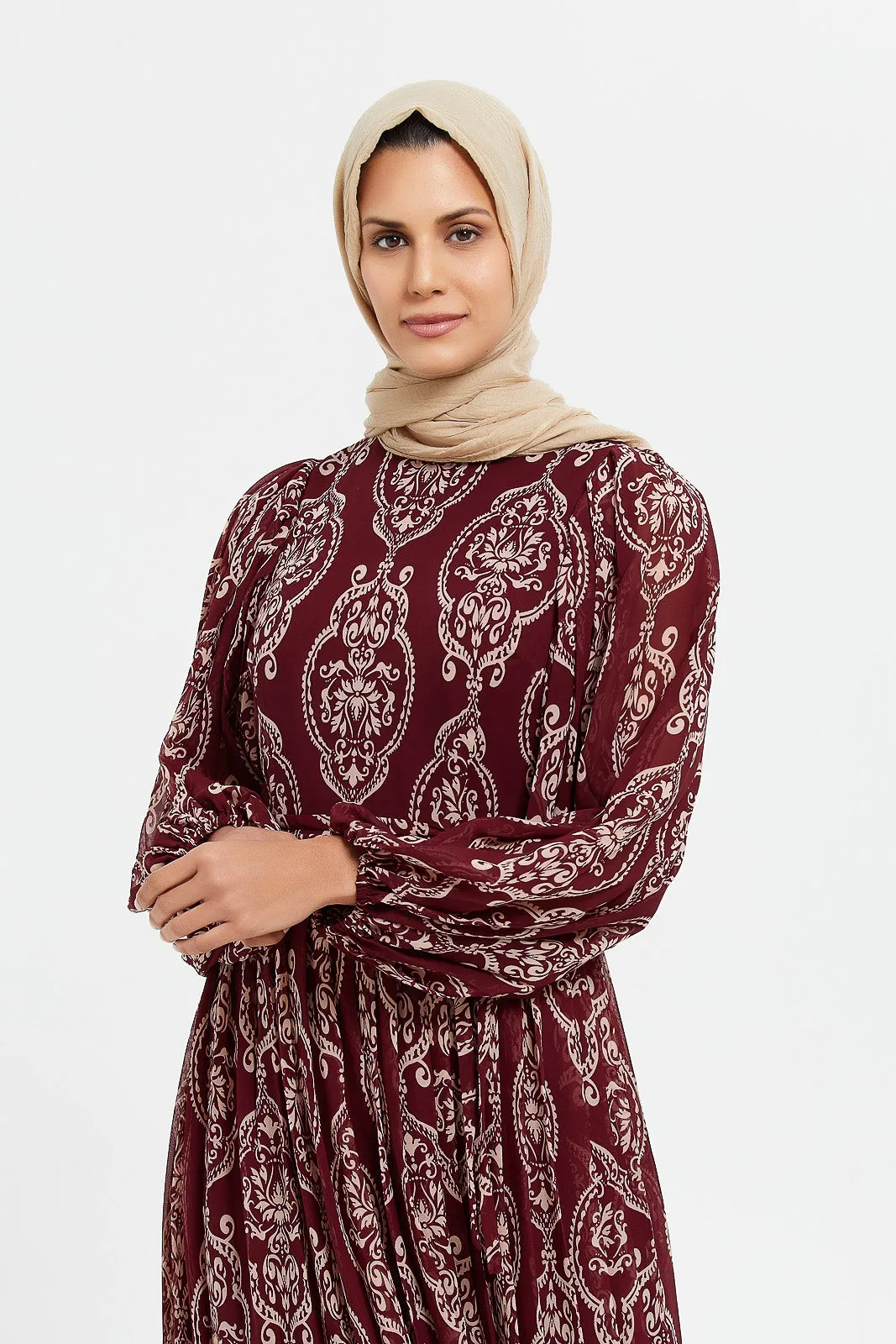 Women Burgundy Printed Pleated Maxi Dress